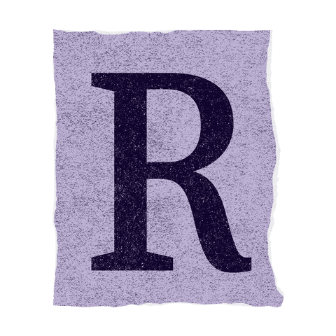 Distressed serif letter r on torn lavender paper with transparent background
