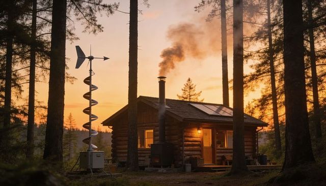 Off-grid log cabin glowing at dusk with solar panels and spiral wind turbine