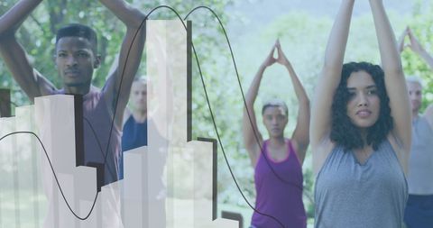 Diverse People Practicing Yoga with Digital Overlay Concept