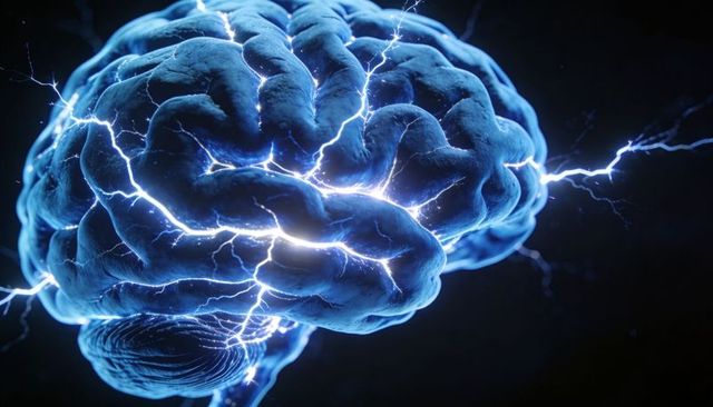 Electrified 3D Brain Model Showing Neural Pathways, Synaptic Activity and Electric Arcs