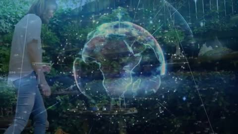 Holographic Globe in Garden with Futuristic Data Visualization