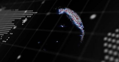 Digital sphere floating on neon technology grid matrix