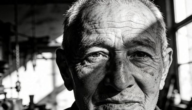 Gazing senior in workshop showing textured weathered face, high contrast monochrome portrait