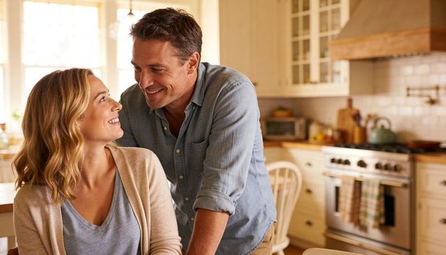 Warm kitchen couple sharing affectionate smile and conversation in cozy modern home