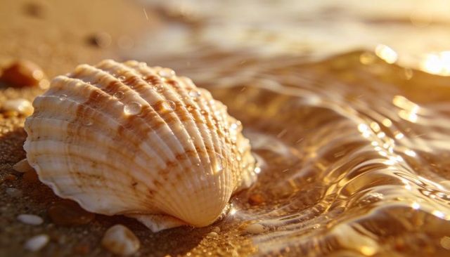 Glistening scallop shell resting on sandy shoreline with golden water ripples