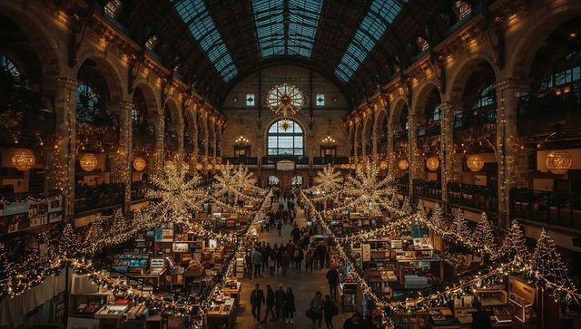 Festive indoor market in historic vaulted hall with twinkling lights and chandeliers