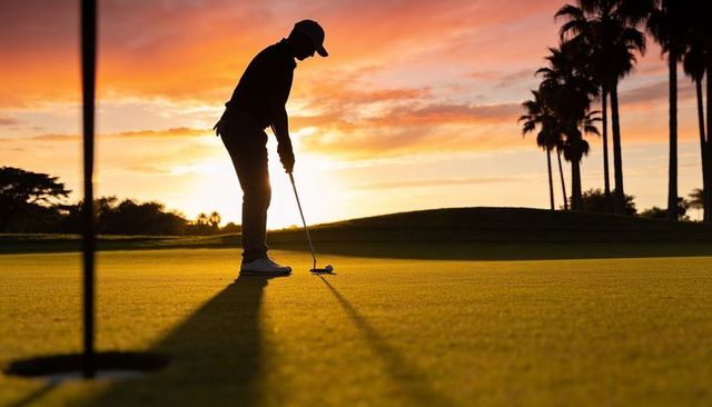 Sunset golfer putting on palm-lined green silhouette casting long shadow