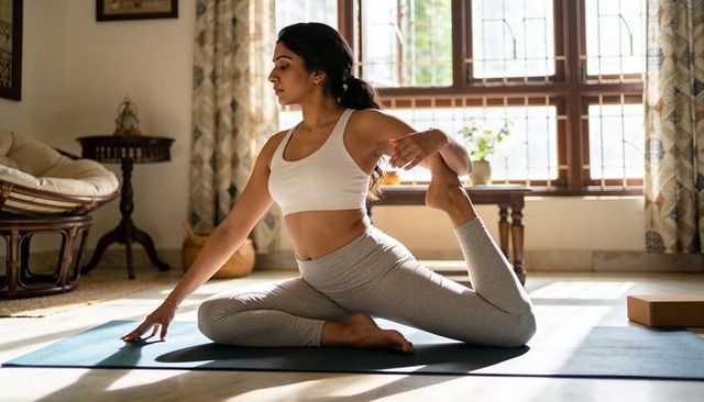 Sunlit home yoga stretching pigeon pose practicing balance and flexibility calm wellness