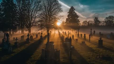 Sunrays Cut Through Misty Cemetery at Dawn