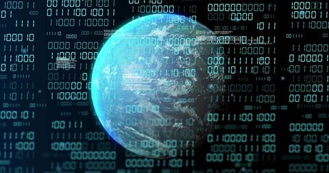 Rotating Digital Earth Globe Streaming Binary Data with HUD Overlays in Neon Cyan