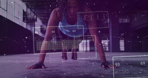 Athlete Exercising Push-Ups with Futuristic Digital Overlays in Industrial Area