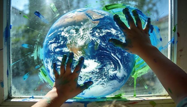 Child creating earth fingerpaint on sunlit window, hands covered in blue green paint