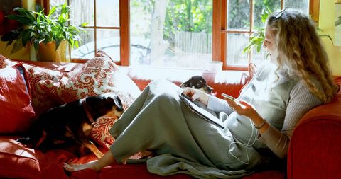Woman Relaxing Indoors on Cozy Sofa with Pet Dog on Sunny Day