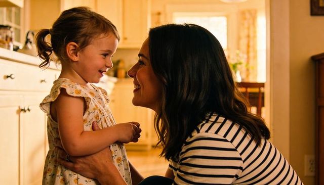 Smiling mother crouching holding preschool daughter in warm cozy kitchen bonding moment