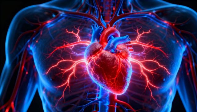 Glowing anatomical heart with branching coronary arteries and thoracic vascular network