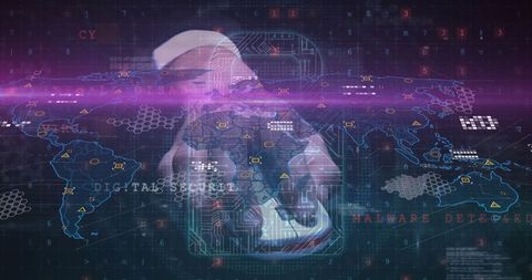 Hooded Figure Monitoring World Map on Cyber Interface