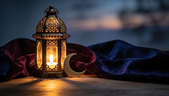 Moroccan lantern casting warm candlelight beside crescent on velvet drapes, ramadan mood