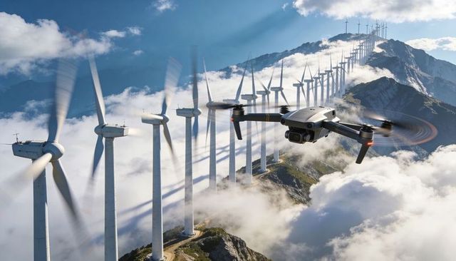 Drone inspecting wind turbines on mountain ridge above clouds, renewable energy survey