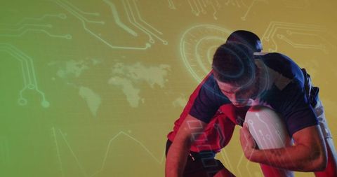 Rugby Players Engaged Amidst Futuristic Digital Effects