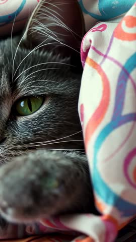 Vertical clip peeking gray tabby from colorful swirl blanket, opening green eye, shifting paw