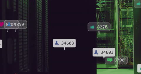 Data Servers with Digital Interaction Icons and Analytics Overlay
