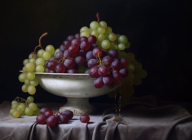 Close up of red and white grapes in bowl on black background, created using generative ai technology. Grapes, fruit and still life concept digitally generated image.