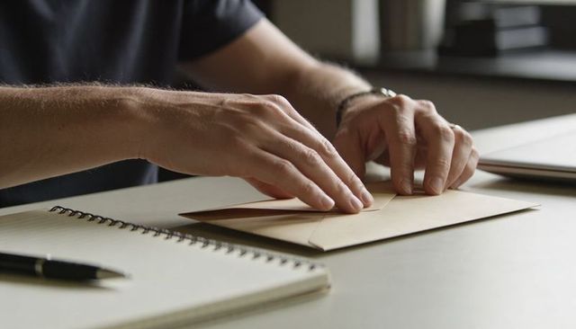 Adult hands sealing kraft envelope on desk with notebook and pen, minimal workspace natural light