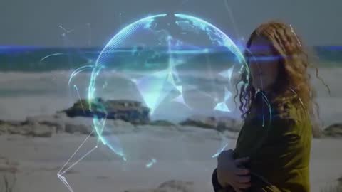 Futuristic Digital Globe Overlay on Coastal Scene with Woman