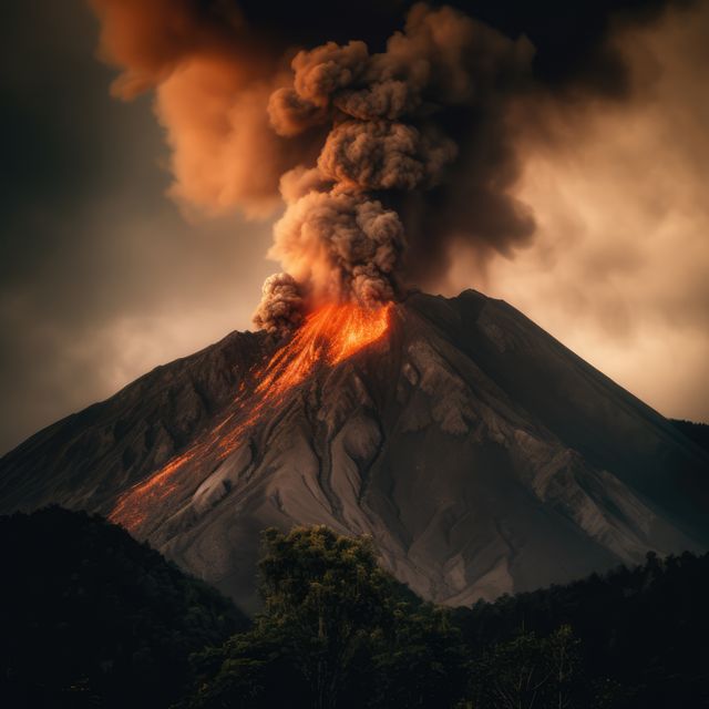 Dramatic image of an active volcano spewing lava and thick ash plumes. Suitable for educational content on geological phenomena and natural disasters. Ideal for use in travel articles, science publications, and environmental awareness campaigns.