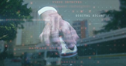 Cybersecurity warning with hacker hand on mouse