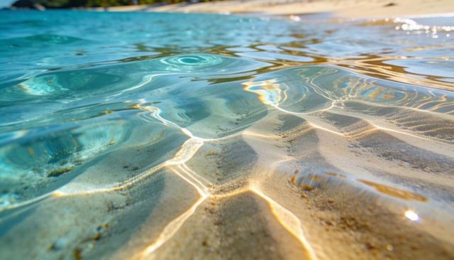 Shimmering turquoise shallow seabed casting sun caustics over rippling sand near shoreline