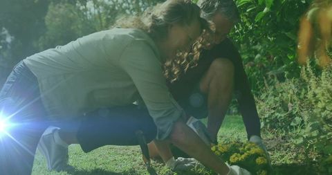 Couple Planting Flowers in Sunny Backyard Garden