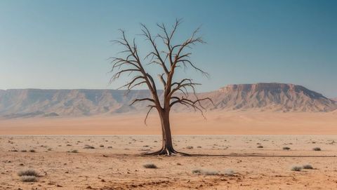 Solitary dead tree standing in drought-stricken desert landscape