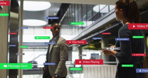 Business professionals receiving mobile notifications and video overlays in modern atrium