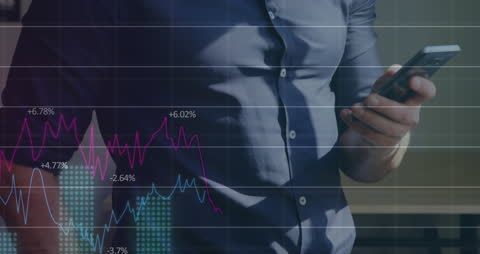 Businessman Utilizing Smartphone with Financial Data Overlay