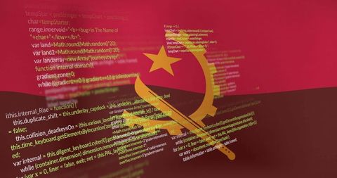 Stylized angola emblem with overlay javascript code art