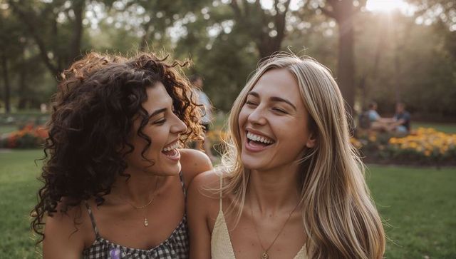 Two Women Laughing in Park at Golden Hour Wearing Summer Dresses Candid Friendship