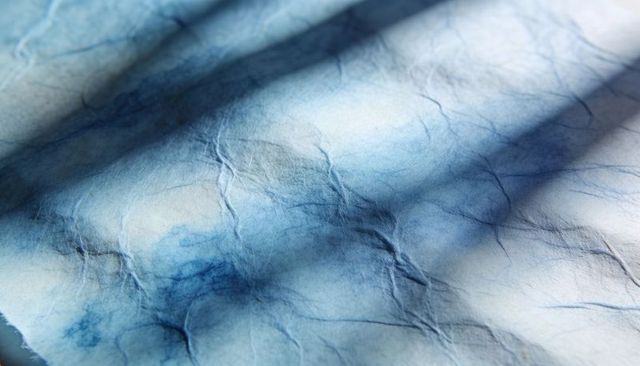 Crumpled blue watercolor paper with indigo wash, fibrous texture, creases and shadow bands