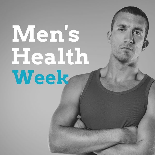 Men's health week text by portrait of confident cauacsian man with arms crossed on gray background. digital composite, healthy lifestyle and awareness concept.