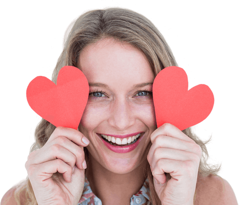 Smiling Woman Holding Transparent Red Heart Shapes Joyfully