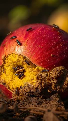 Rotting Red Fruit Drawing Dark Beetles Feeding on Yellow Flesh Macro Vertical Footage