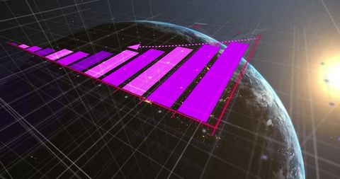 Futuristic Purple 3D Bar Chart Above Earth with Sun Flare