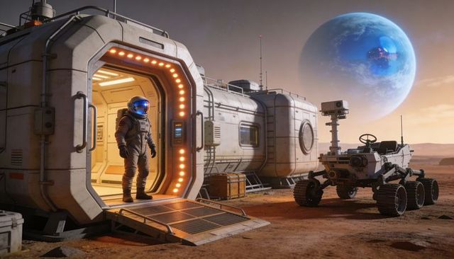 Astronaut standing at illuminated habitat airlock on red planet with rover and blue planet