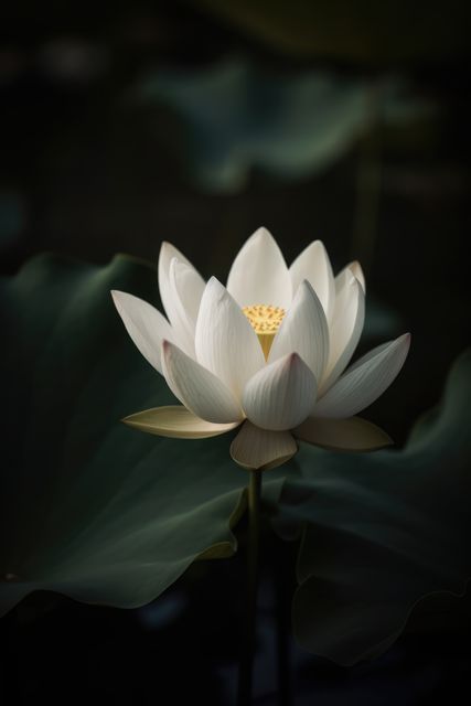 White and yellow lotus flower and leaves on dark background, created using generative ai technology. Nature, tranquility, rebirth and spirituality concept digitally generated image.