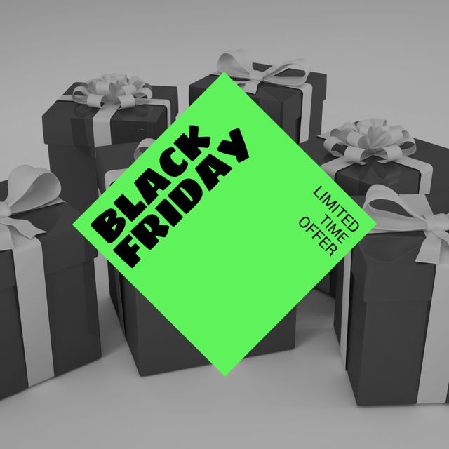 Composition of black friday text on green sign over presents with ribbons. Black friday, christmas shopping, sales and retail concept digitally generated image.
