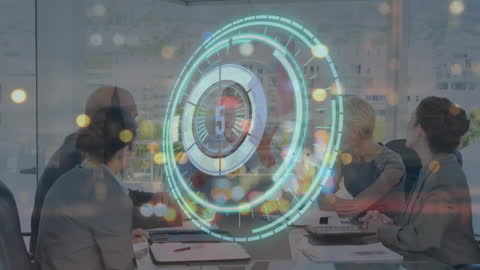 Business Meeting with Futuristic Digital Interface Overlay