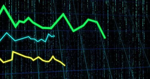 Neon Line Charts Visualizing Analytics Trends on Digital Matrix Grid Dashboard Interface