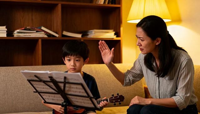 Mother teaching boy ukulele during evening practice correcting posture and rhythm