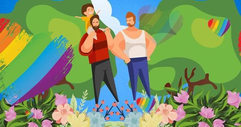 Two Fathers Carrying Child on Shoulders in Colorful Garden with Rainbow Hearts