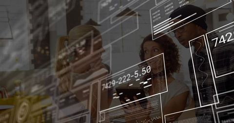 Team Collaborating with Tablet and Futuristic Data Overlays for Startup Analytics